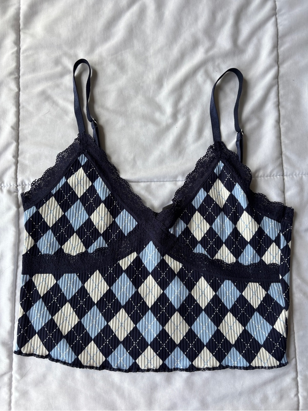 Divided Argyle Lace Trim Cropped Tank Top in Navy, Light Blue, Cream